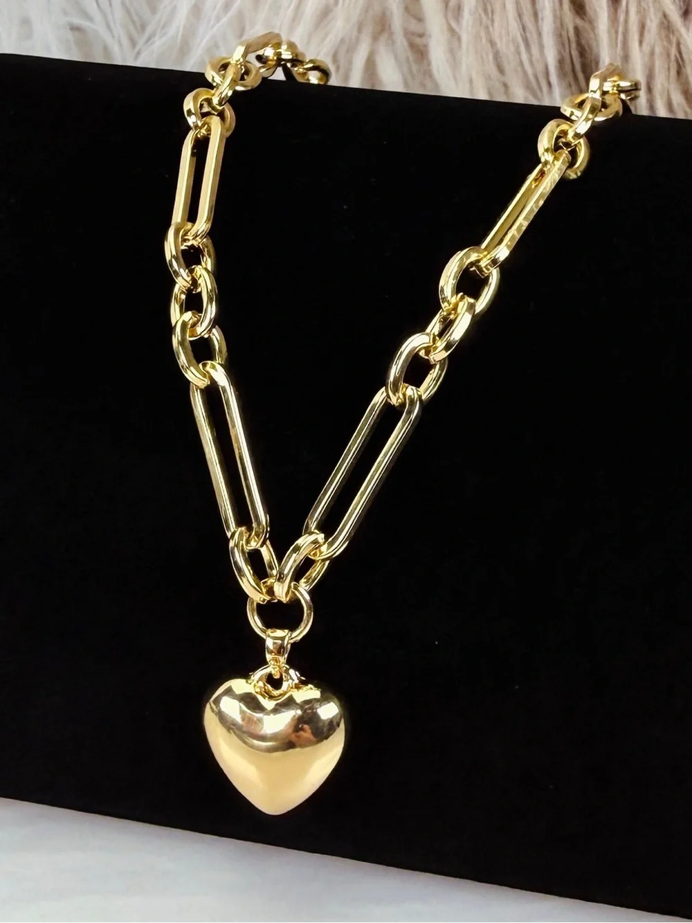 Gold Tone Paperclip Link Chain Puffy Heart Pendant Statement Necklace